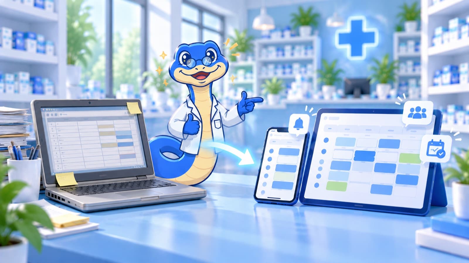 La mascotte DailEasy présente un planning de pharmacie modernisé, partagé en temps réel sur ordinateur, téléphone et tablette