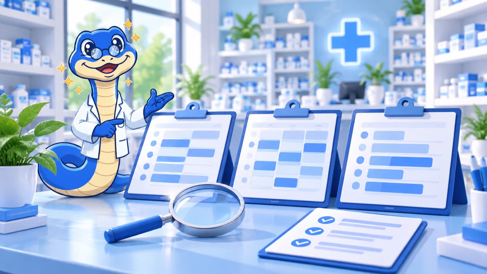 La mascotte DailEasy compare plusieurs plannings à la loupe pour choisir un logiciel de planning pour pharmacie