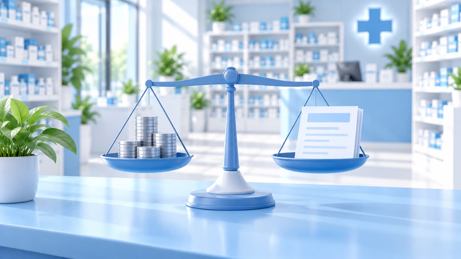 Balance entre pièces et document, illustrant le coût d'un salarié en officine