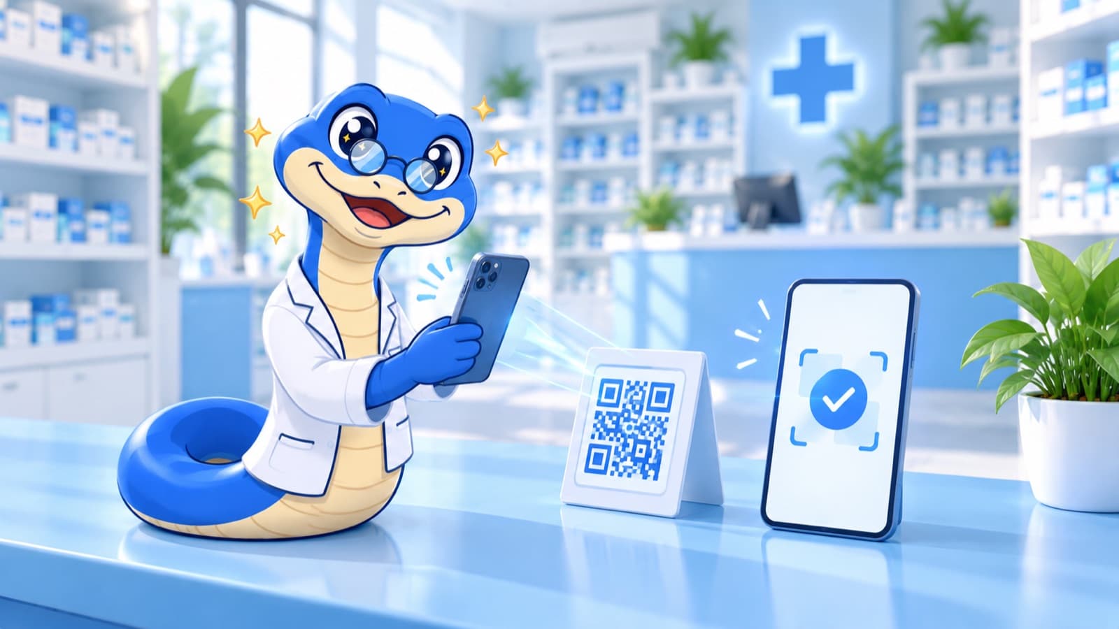 La mascotte DailEasy pointe en scannant le QR code de l'officine avec son téléphone