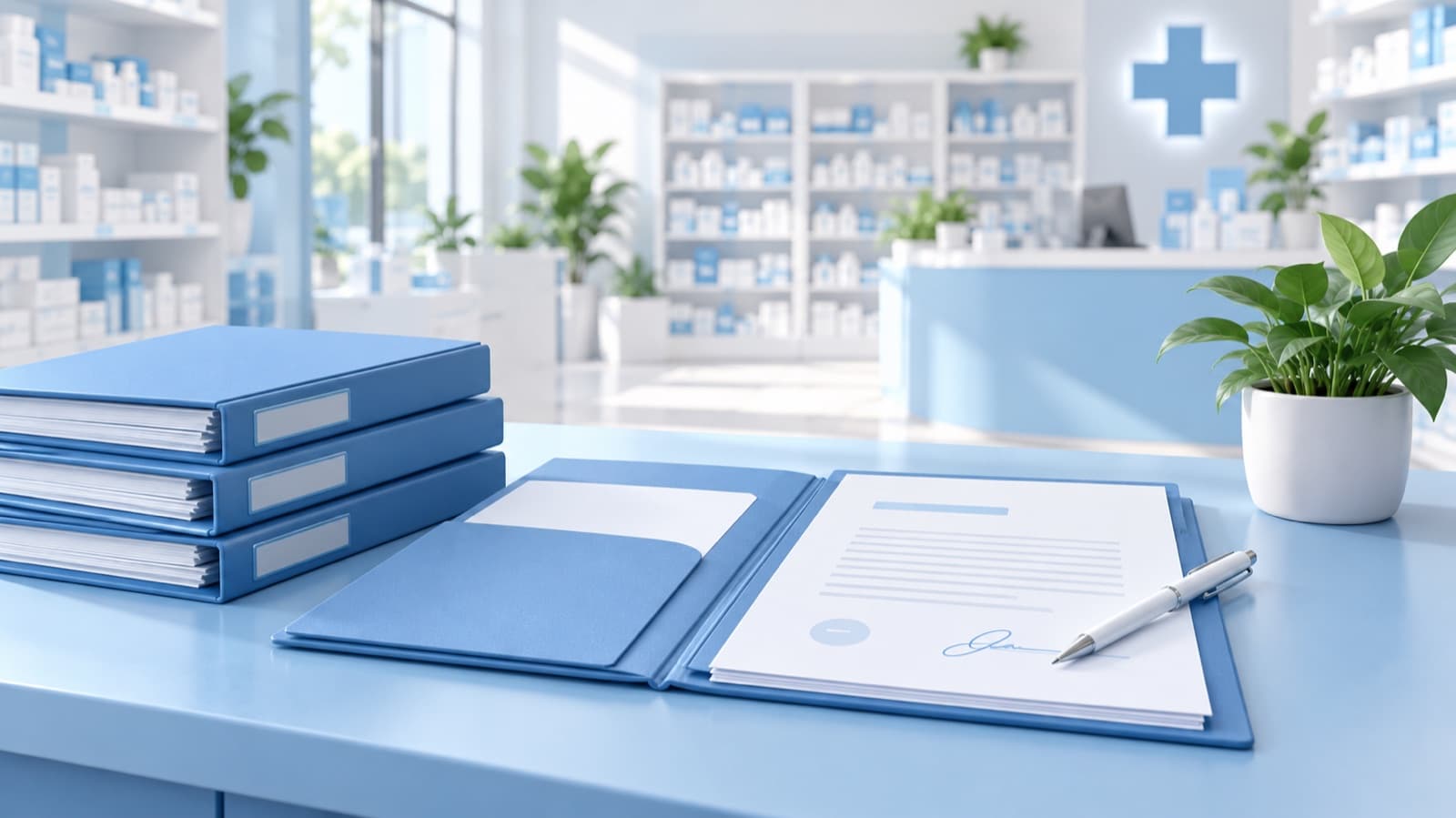 Classeurs du personnel et contrat signé sur le comptoir d'une pharmacie